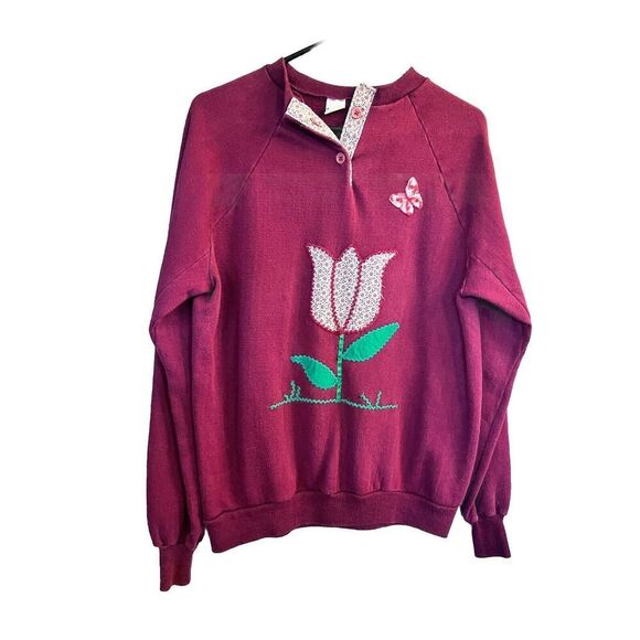 VTG Healthknit Flowers Floral Collar Grandma Burgundy‎ Sweatshirt Womens L - Picture 1 of 6